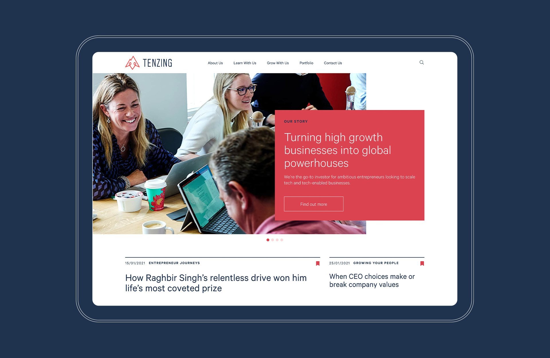 Desktop website interface designed for Tenzing to support content, community and investor engagement.