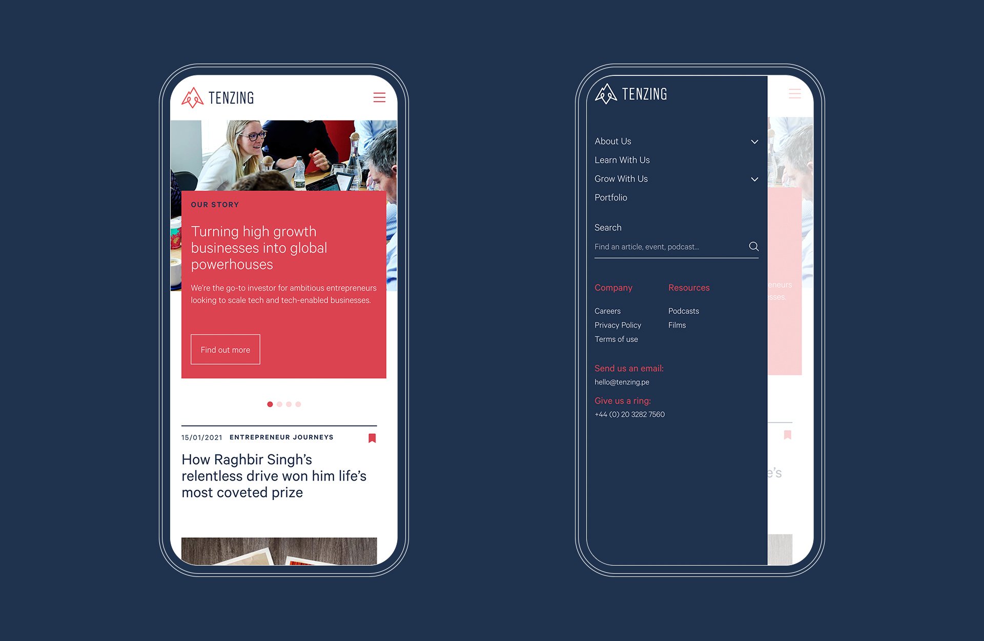 Responsive mobile website experience developed for Tenzing private equity firm.