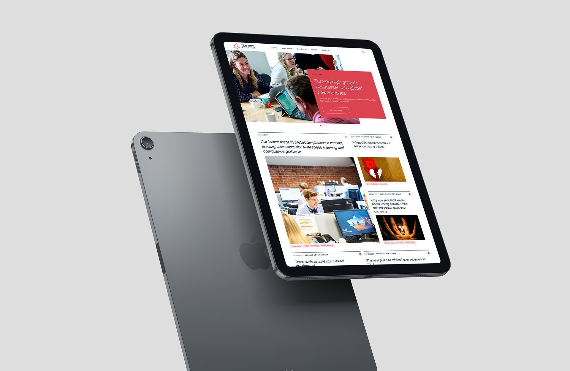 Website design for Tenzing displayed on a tablet, showcasing the firm's content platform and digital experience as part of our private equity branding project.