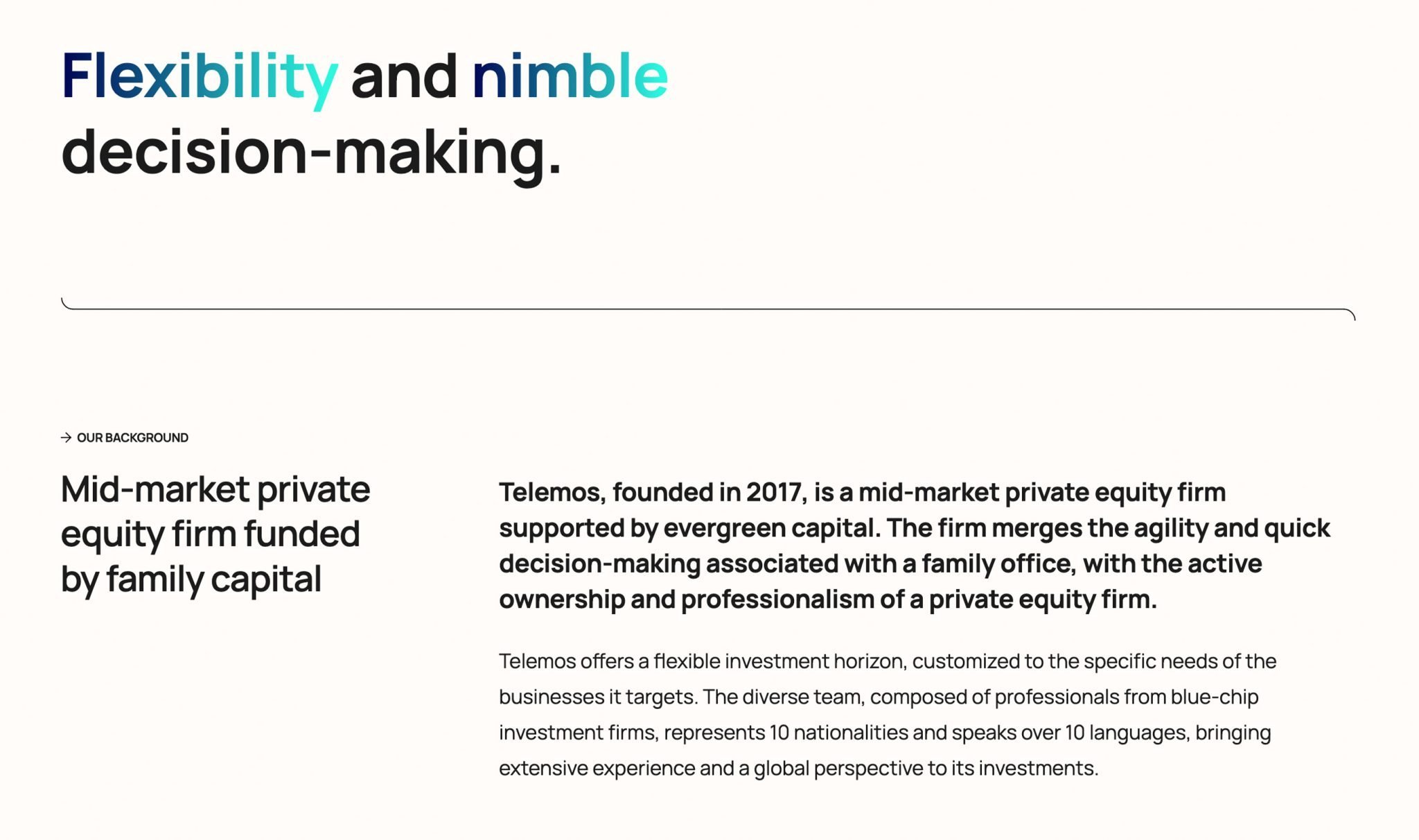 Investment philosophy content section designed for the Telemos Capital website, explaining the firm's approach to private equity investing.