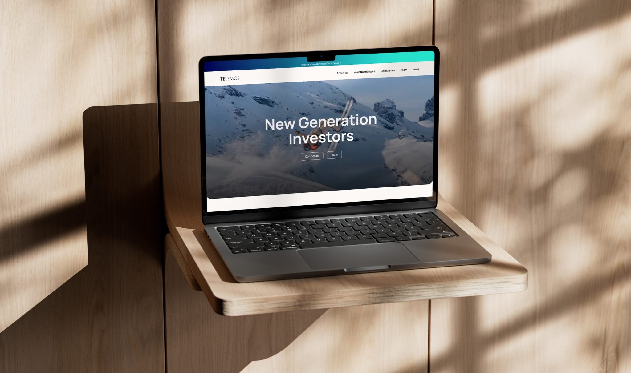 Website design for Telemos Capital displayed on a laptop, showcasing the firm's private equity investment platform and digital experience.