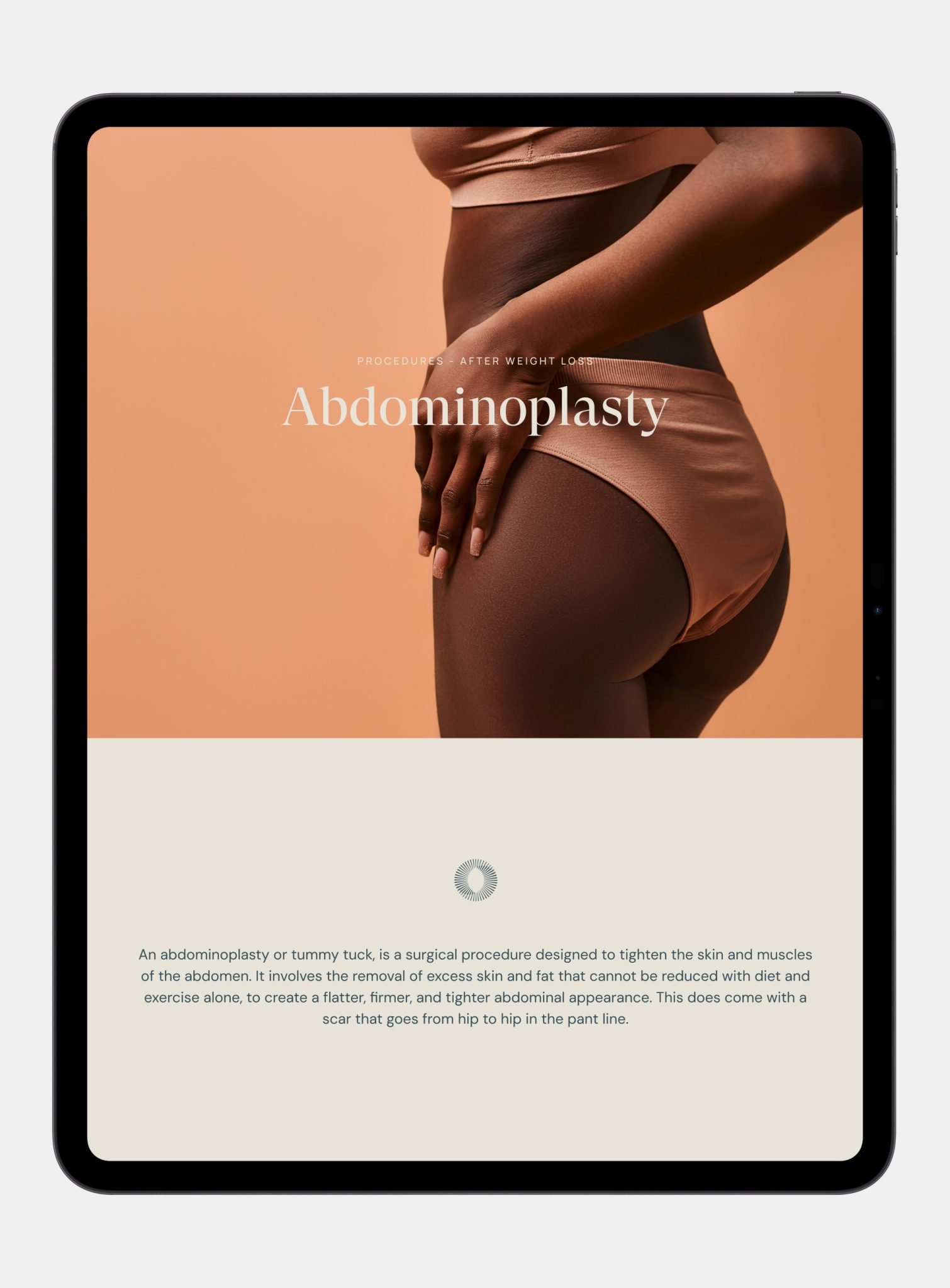 Tablet display featuring a sleek webpage design for abdominoplasty, highlighting modern reconstructive plastic surgery branding.