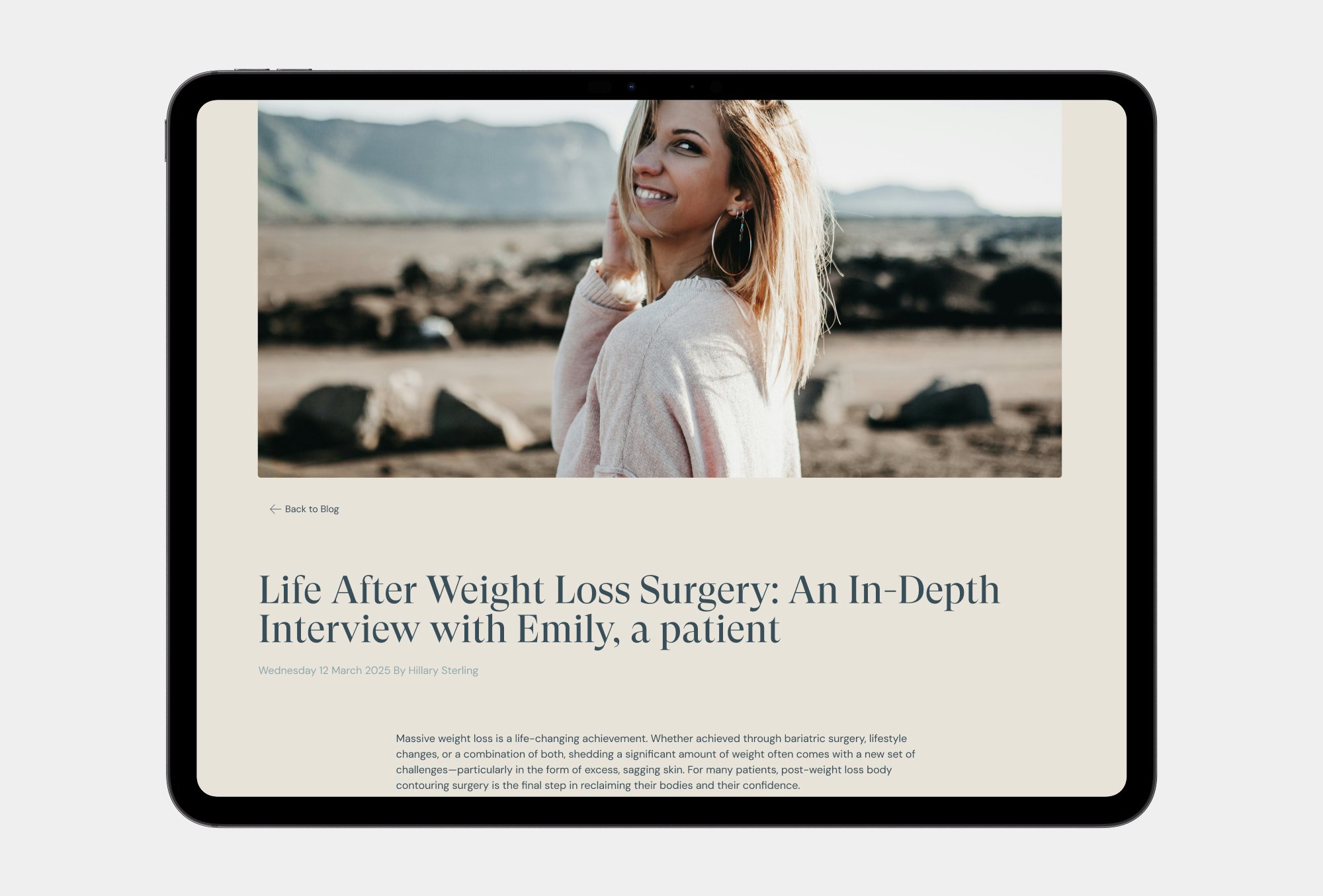 Tablet screen showing a blog article titled “Life After Weight Loss Surgery” featuring a smiling patient, part of a reconstructive plastic surgery branding case study.