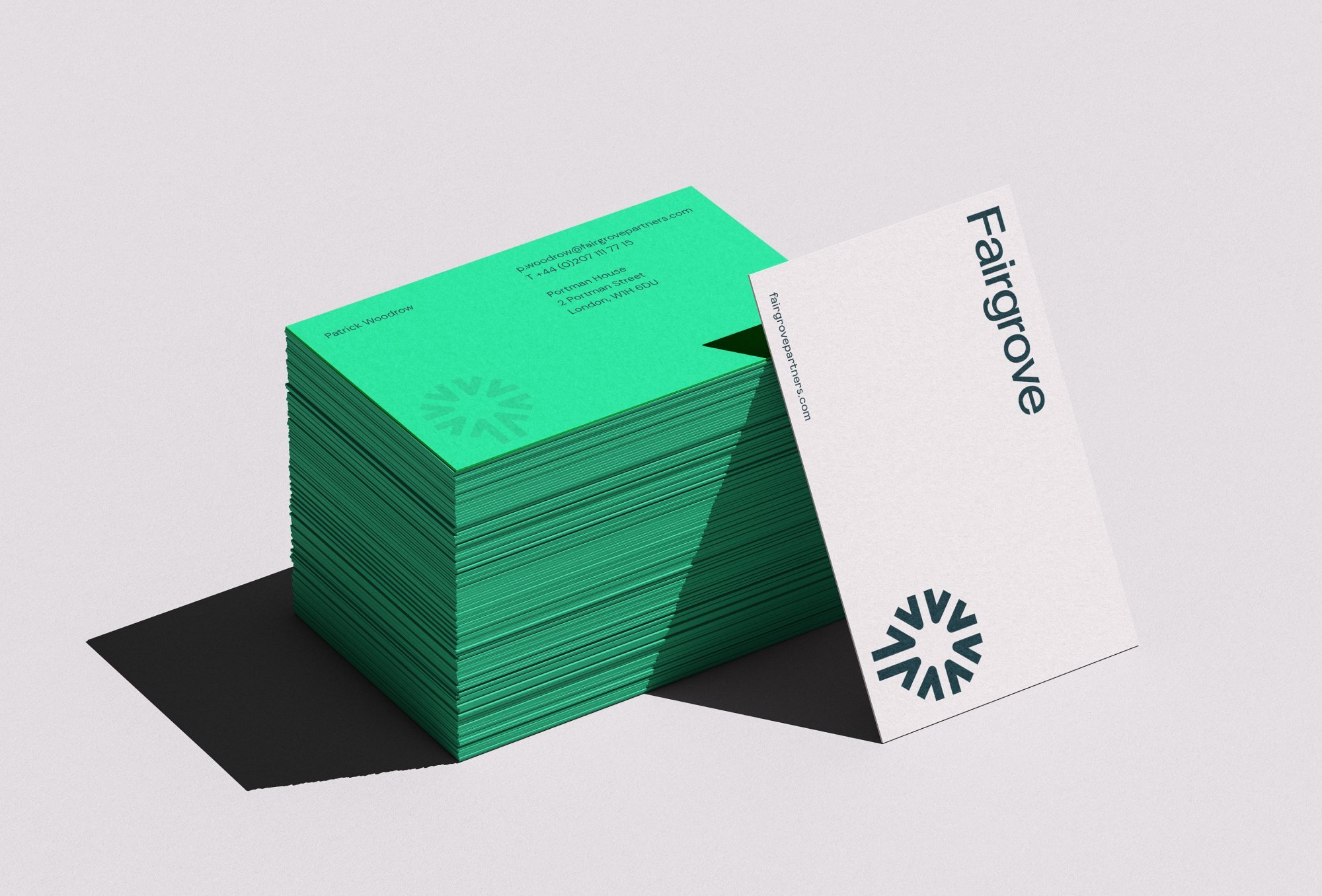 Business cards designed for Fairgrove Partners as part of the consultancy brand identity.