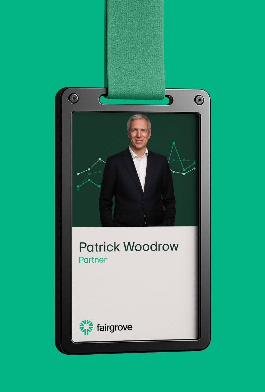 Brand campaign creative and event badge application developed for Fairgrove Partners consultancy.