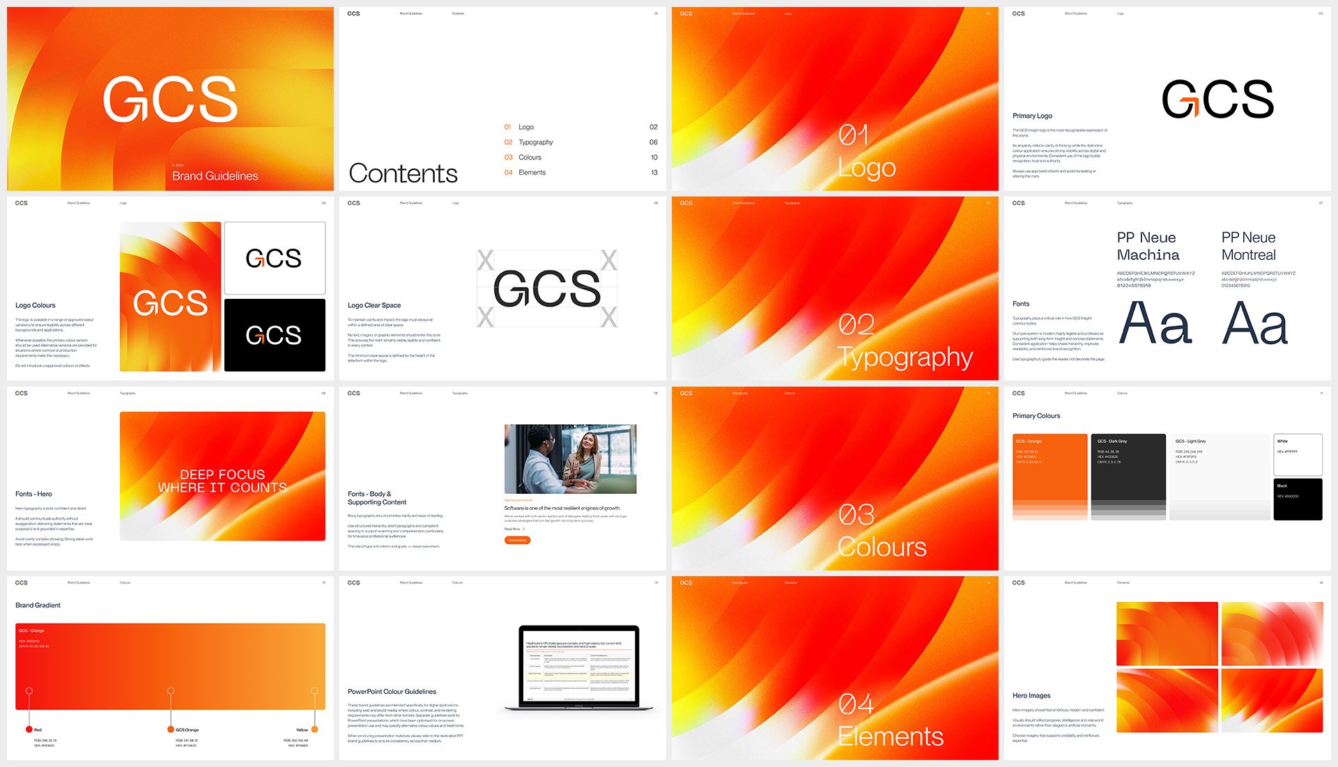 GCS brand guidelines document showcasing the consultancy's visual identity system, including logo design, typography, colour palette, graphic elements and digital brand applications created by Never Know Defeat.