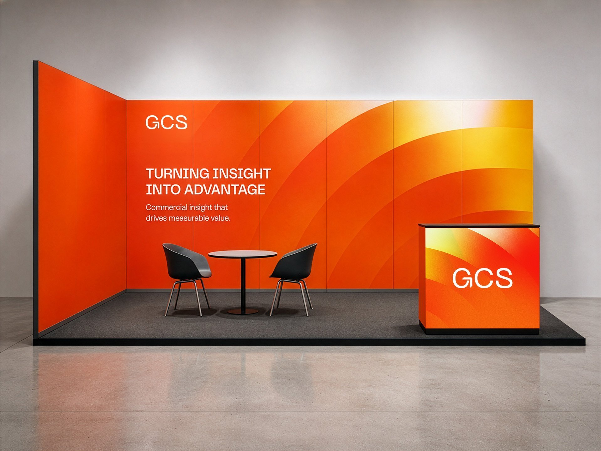 Exhibition stand concept showcasing the GCS consultancy visual identity and event branding system.