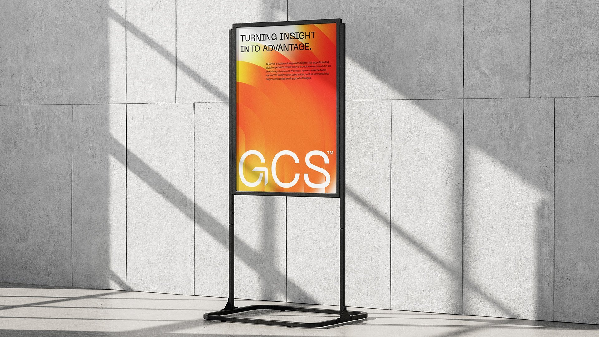 Outdoor advertising display showcasing the GCS consultancy visual identity and campaign messaging.